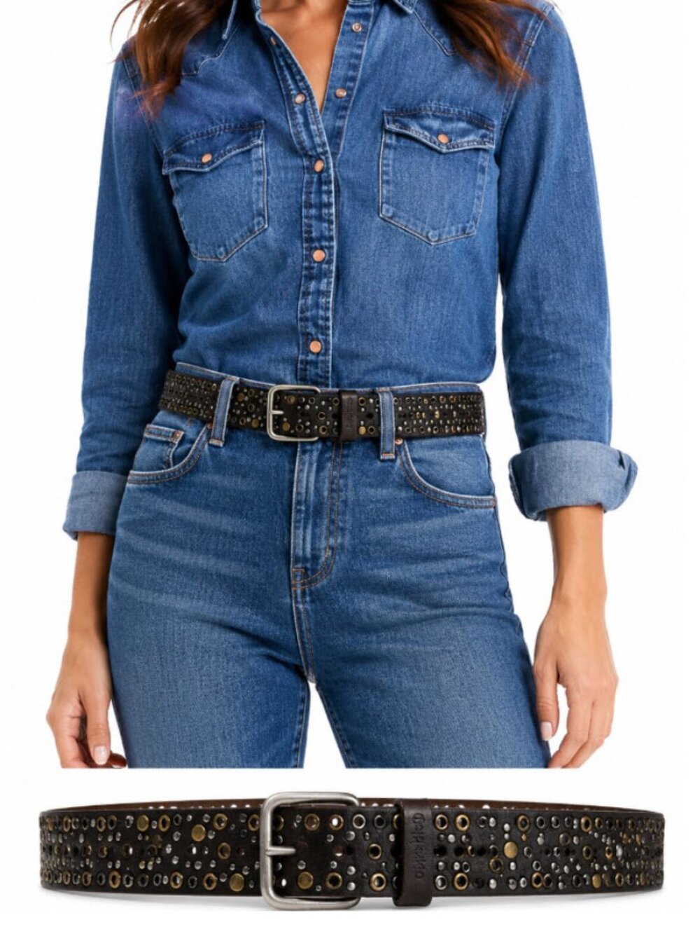 Calvin Klein Brown Leather Grommet Stud Belt Silver Buckle Y2K